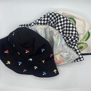 Bundle of 4 Rave Festival Bucket Hats Mushrooms Checkered Reflective Avocado